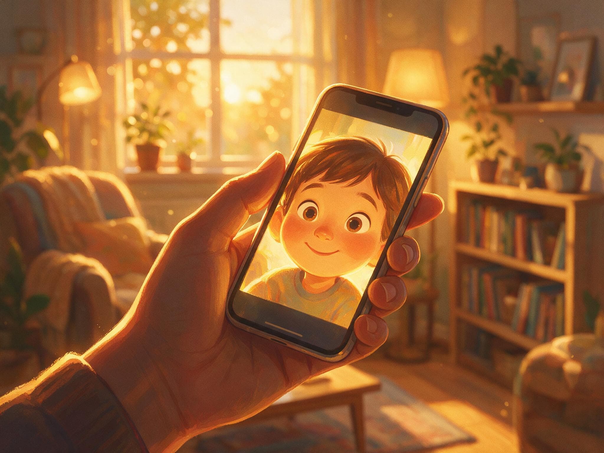 A hand holding a phone showing a warm illustrated portrait of a smiling child