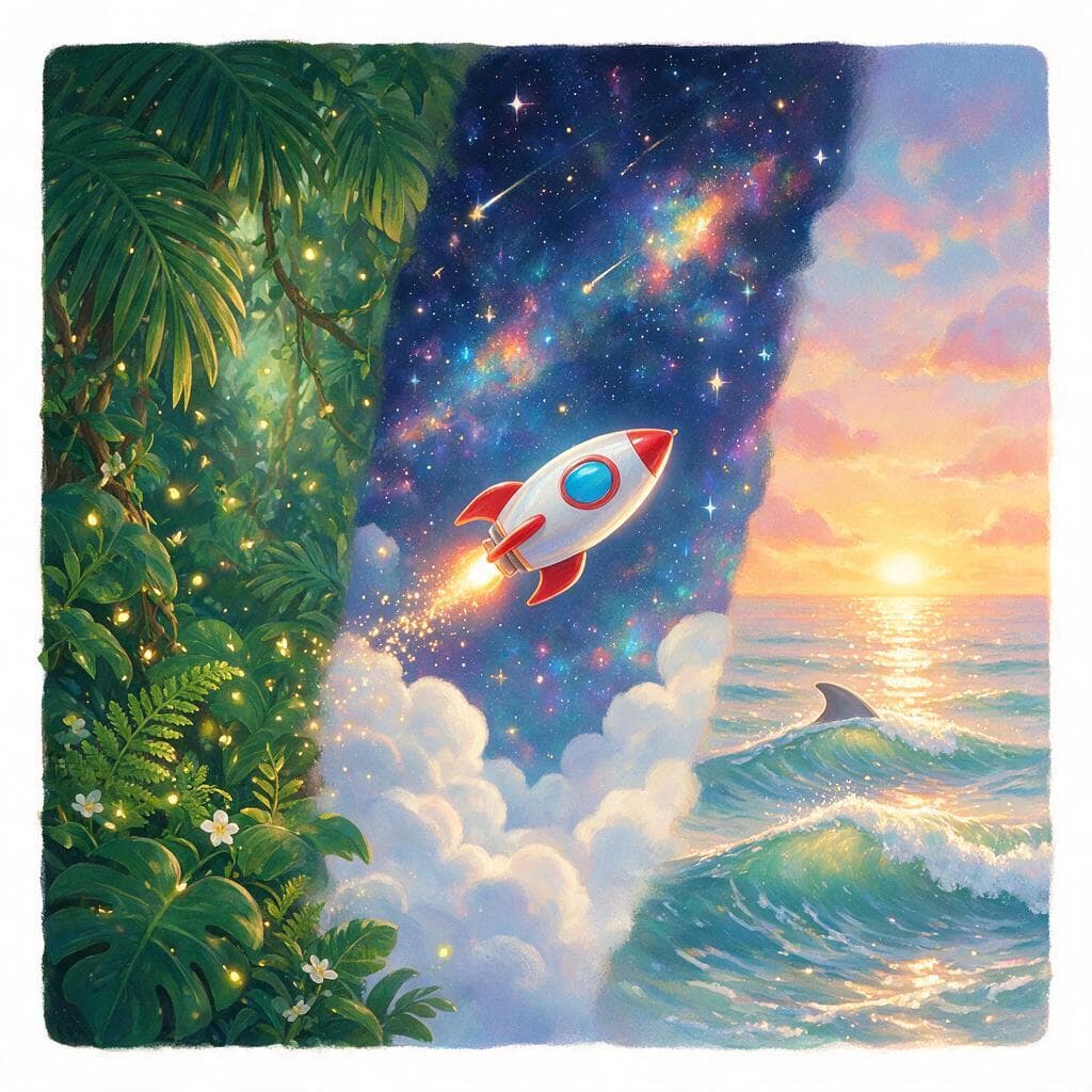 Three story worlds: a jungle, outer space, and the ocean
