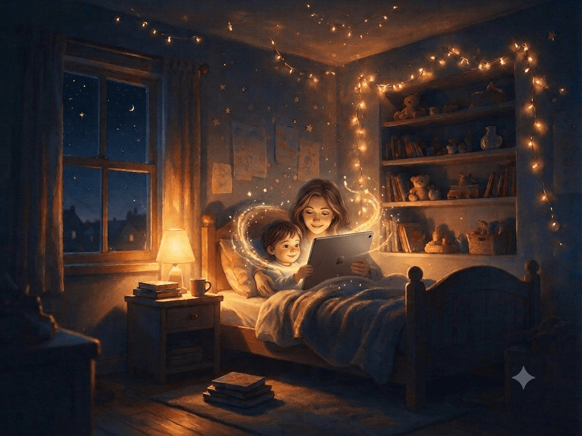 A child reading a glowing storybook in bed at night